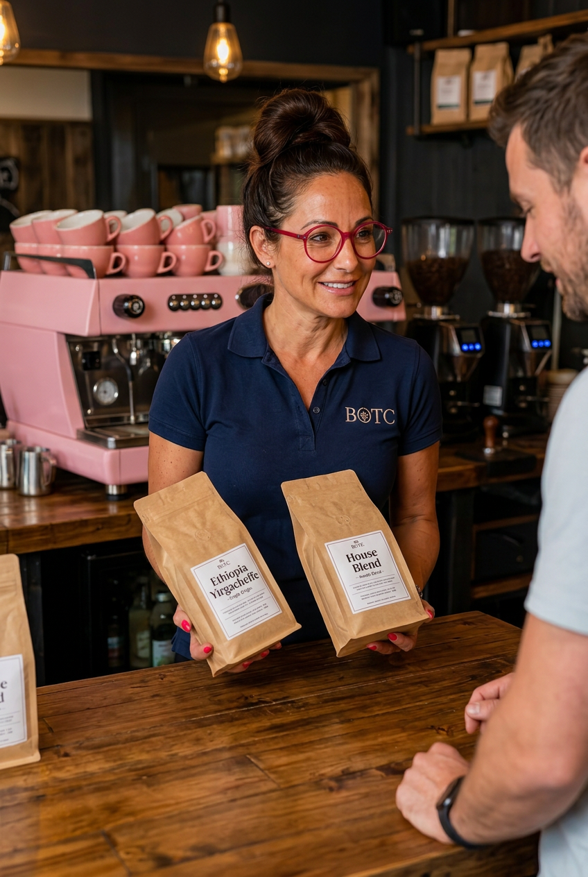 Coffee consultant showing a single origin and a house blend bag to a café owner