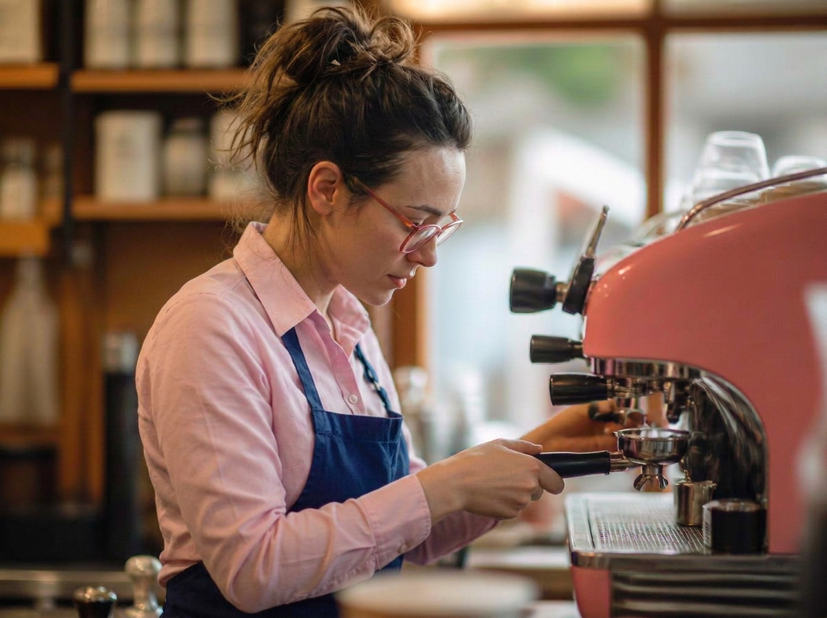 Barista dialling in espresso on a pink espresso machine