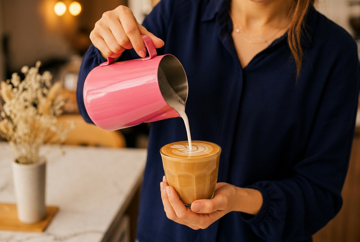 Hands pouring latte art from a pink milk jug into a ceramic cup