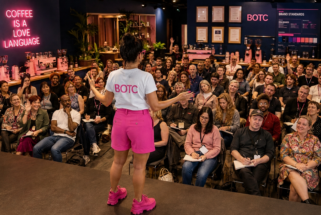 Hayley speaking on stage to a large seated audience at a coffee masterclass