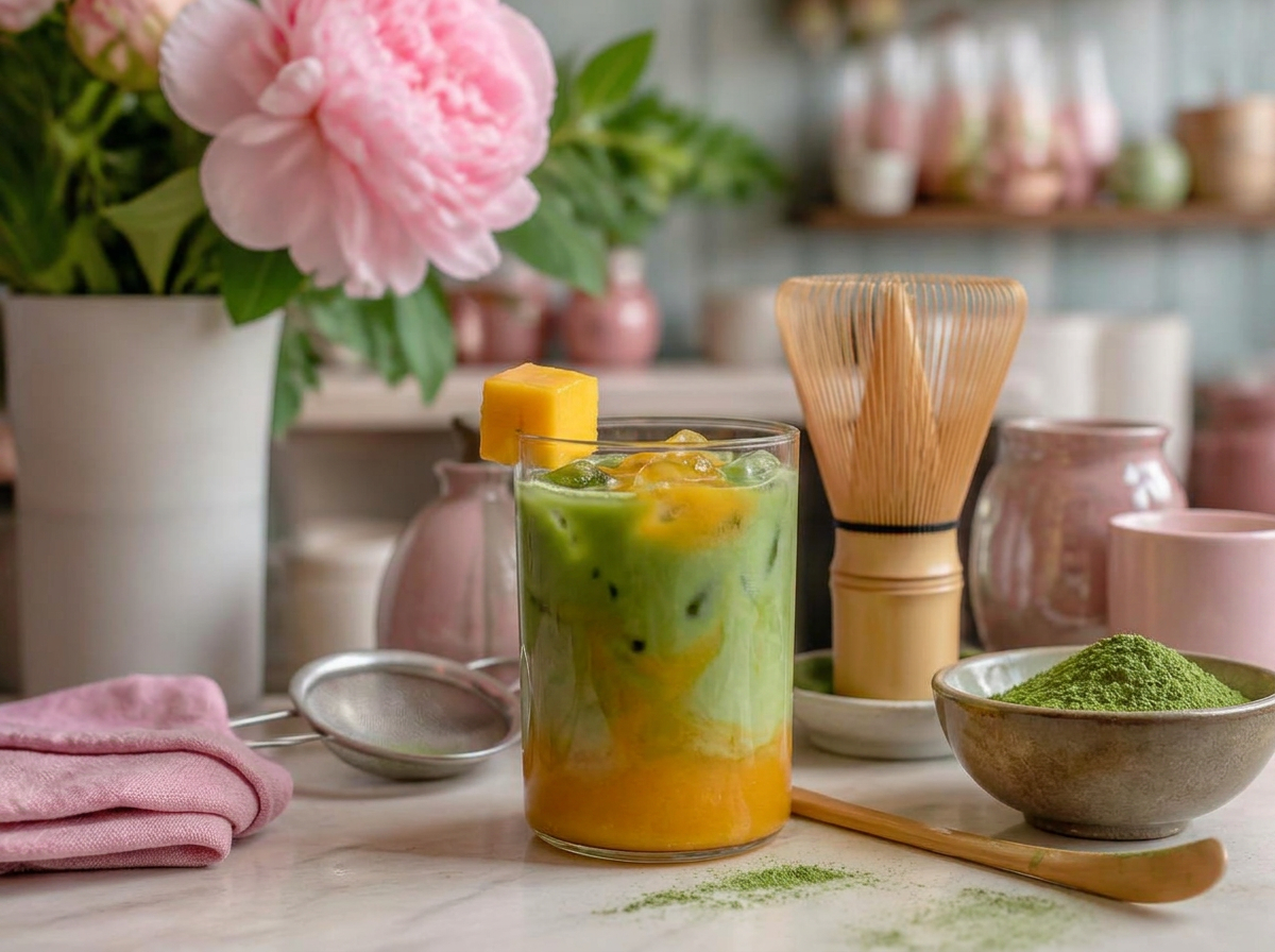 Iced matcha latte with bamboo whisk, sifter and matcha powder on a styled counter