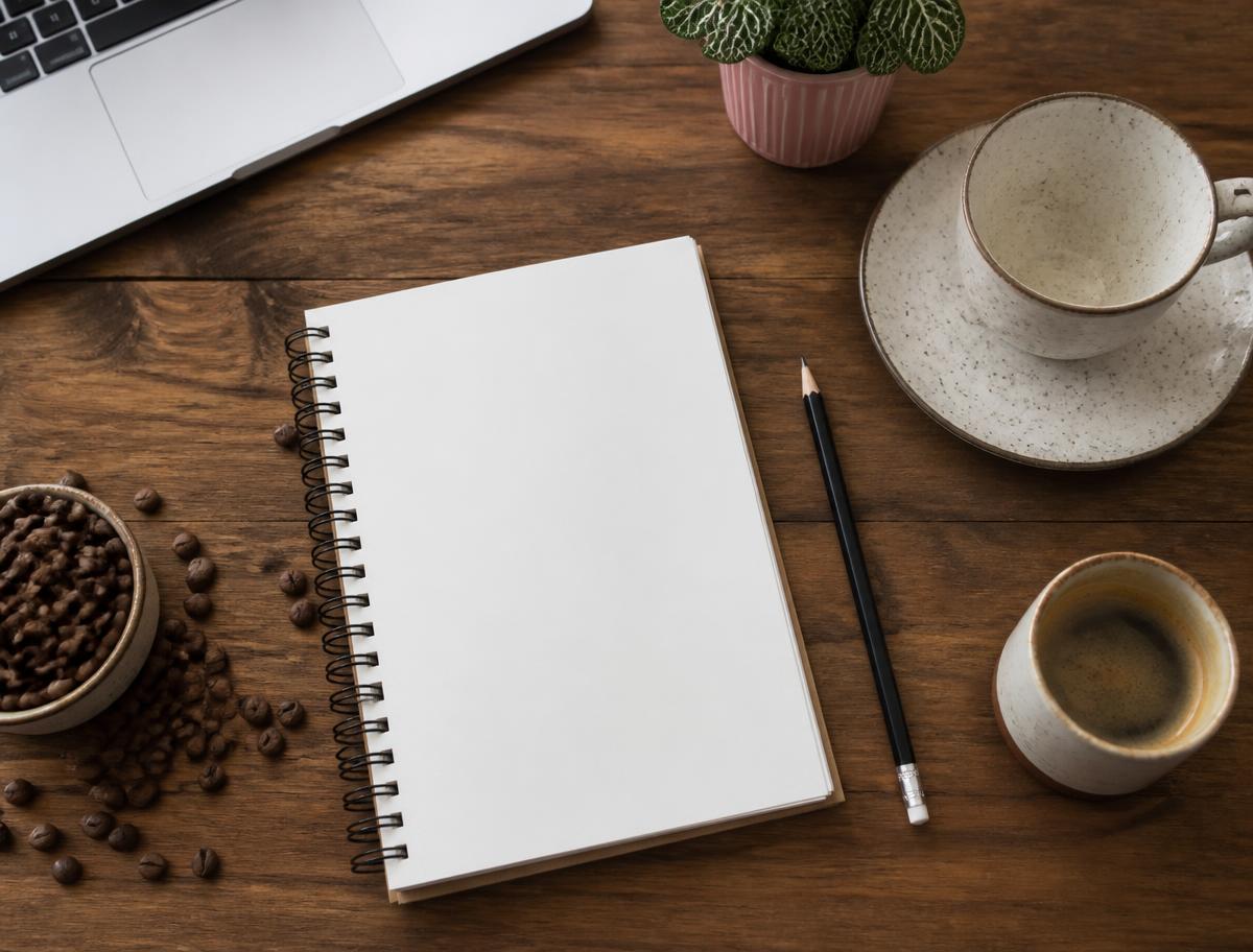 Flat lay of a notebook, pencil, coffee cups and beans on a wooden table