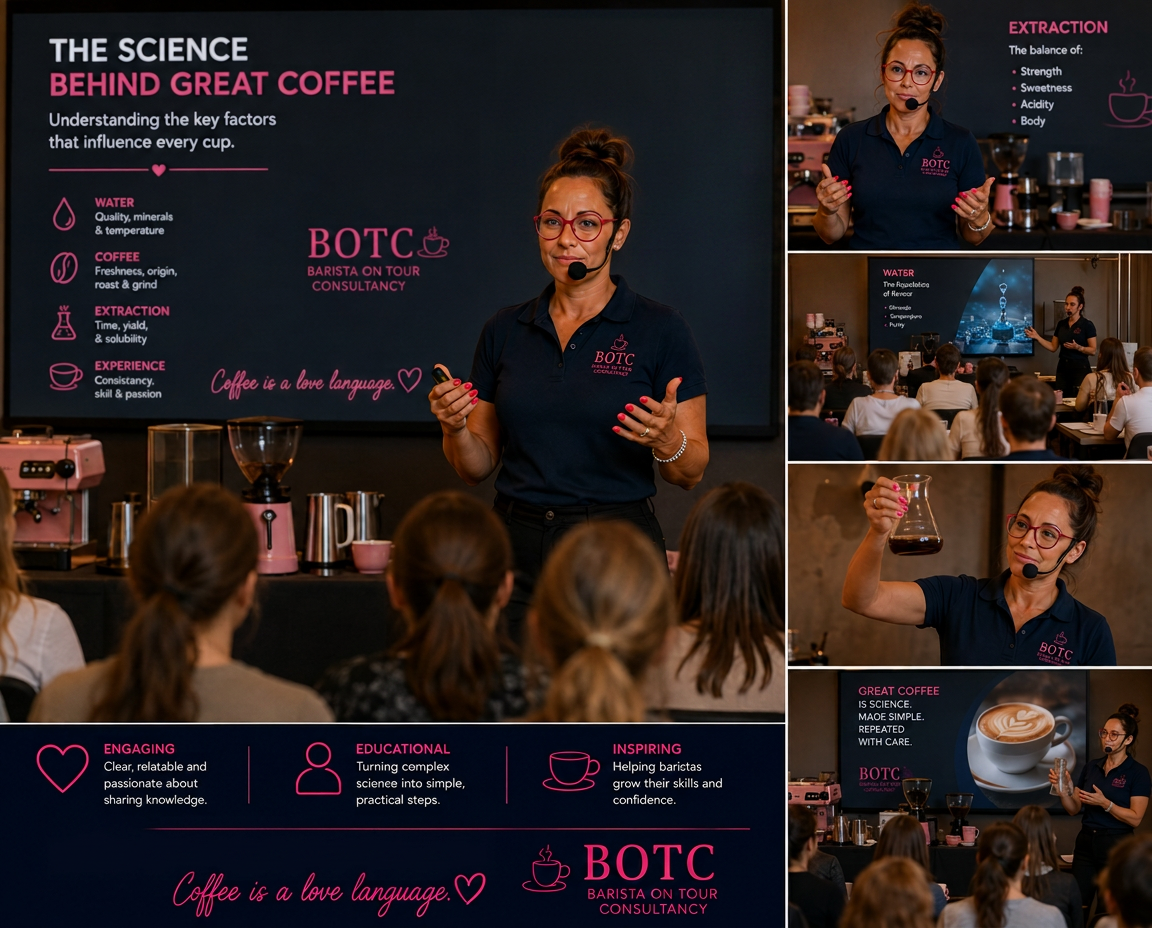 Hayley presenting a coffee science seminar to a seated audience