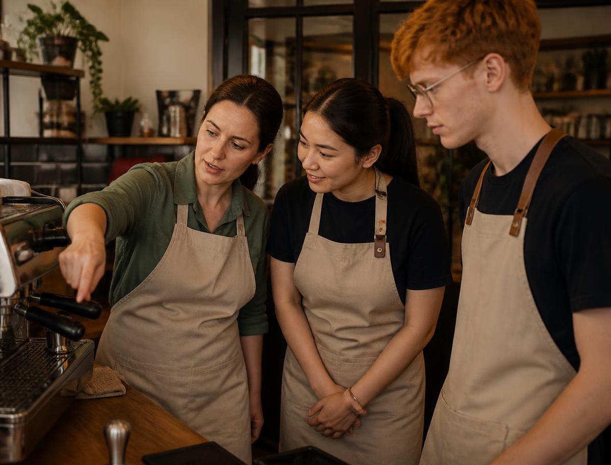 Coffee trainer coaching two baristas behind a café bar